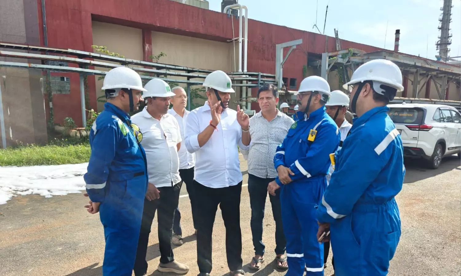 Officials inspecting the MRPL refinery premises in Mangaluru after the blast